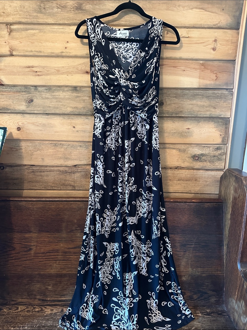 Sleeveless Black & White Floral Cowl-Neck Maxi Dress